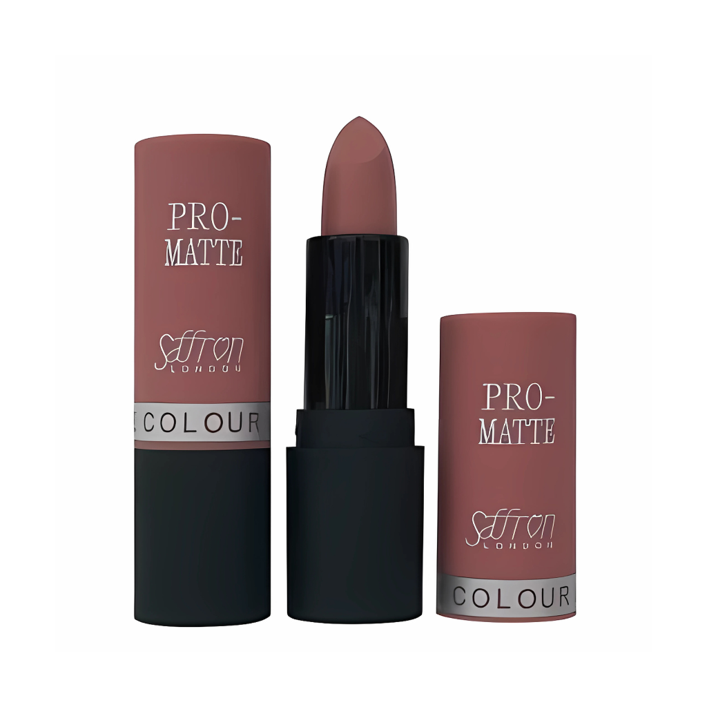 Saffron Pro-Matte Lipstick in shade '01 Matte Tea Rose' with color-coordinated packaging, displayed in three parts: the lipstick in a matte pink shade, the cap off the lipstick, and the lipstick in its open case.
